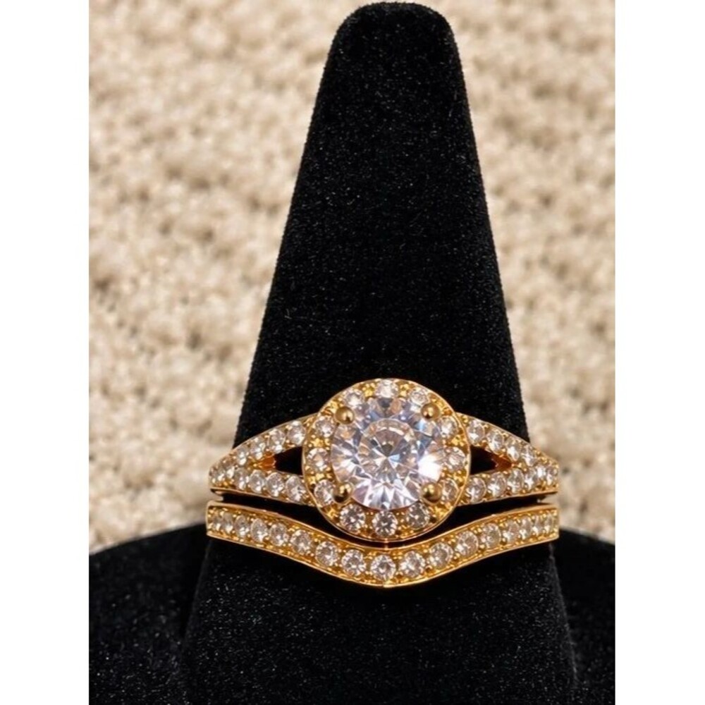 Gold Tone Round Halo 2 Piece Wedding Ring Set Zirconia Size 8